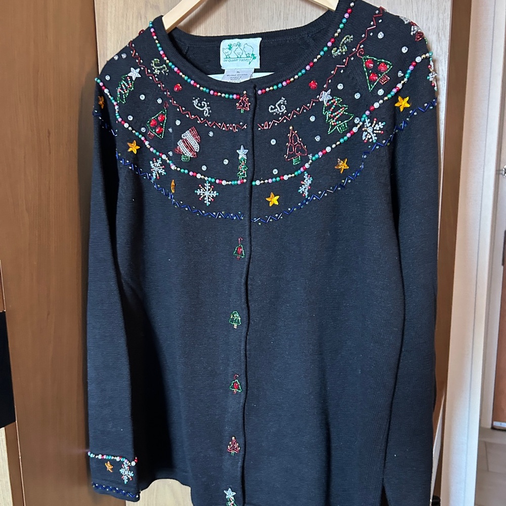Vintage Quacker Factory Black Cardigan with Festive Embroidery